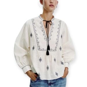 Zara Women Rustic Boho Embroidered Cotton Long Sleeve V Neck Navy White Blouse M
